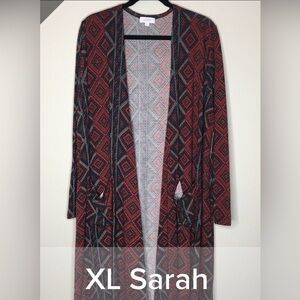 LuLaRoe Sarah XL -Front Geometric Pattern Women’s Cardigan - Red Multi NWT